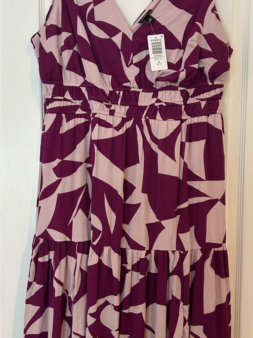 torrid Plum and Light Pink Abstract Tiered V-Neck Maxi Dress